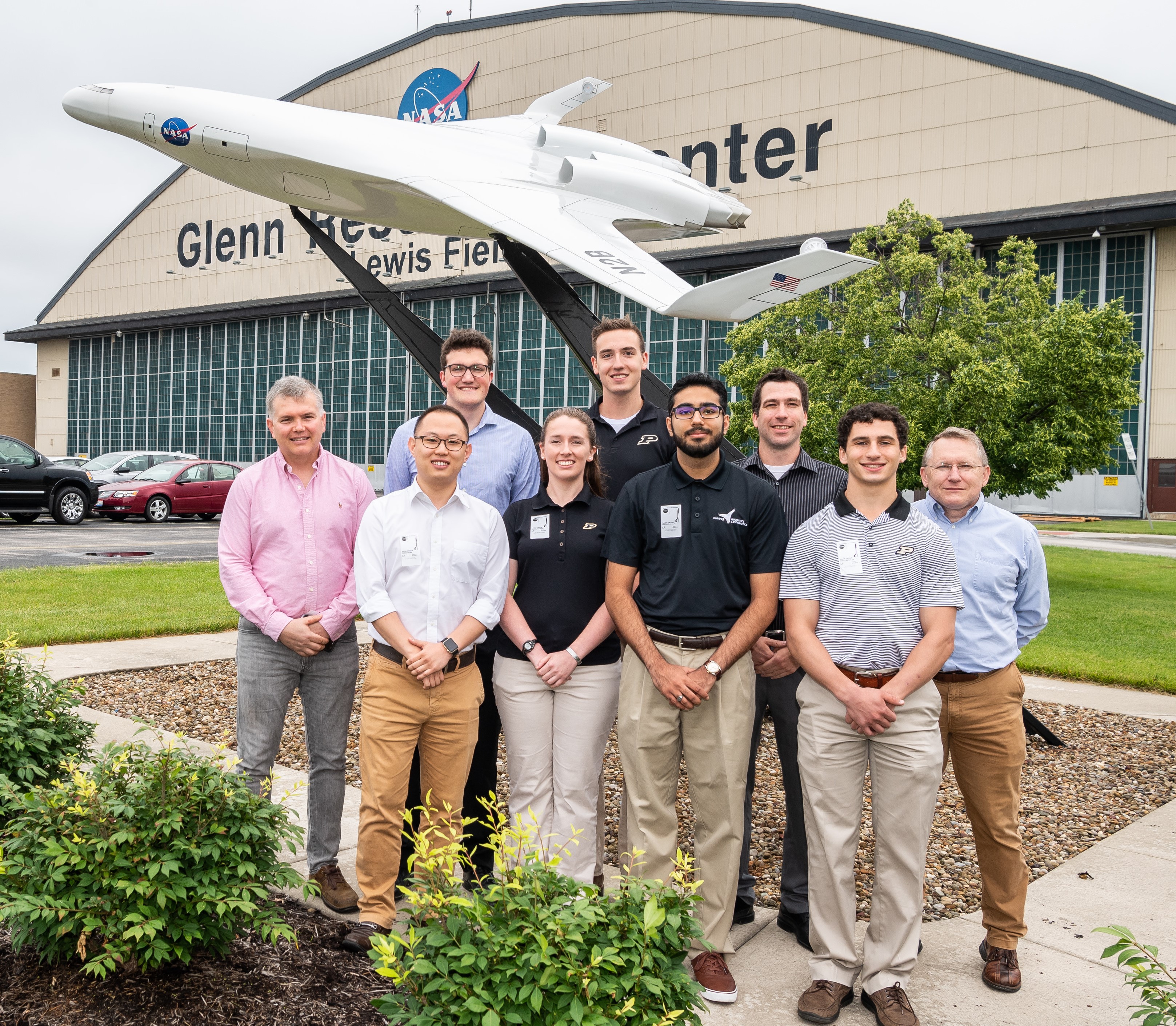 PHOTO: The group at NASA Glenn in Cleveland: (Back, left to right) NASA&rsquo;s Roger Dyson, Purdue student Colfax Putt, Purdue student Alex Kirtley, Purdue student Richard Brookes, NASA&rsquo;s Paul Nelson; (front, left to right) Purdue student Yuhan Roh, Purdue student Jessica Hoke, Purdue student Ali Saroya and Purdue student Alex Krivitsky.
