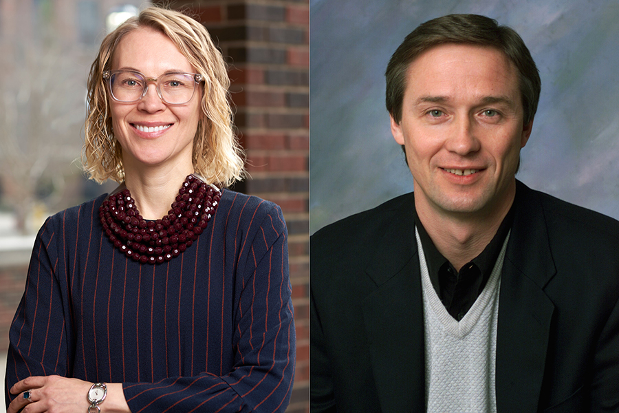 Two portraits edited side by side. The left portrait is of Alexandra Boltasseva. She is wearing a blue dress with red vertical stripes along with a red necklace and glasses. The second portrait is of Vladamir Shalaev. He is wearing a black shirt under a white sweater which a suit jacket over everything.
