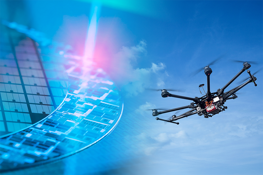 stock photo of semiconductor wafer and stock image of drone merged together
