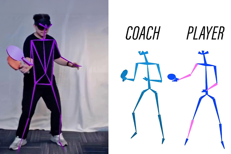 image of a man with a table tennis paddle wearing augmented reality goggles alongside a representation of the augmented reality that resemble a blue stick figure and a pink stick figure
