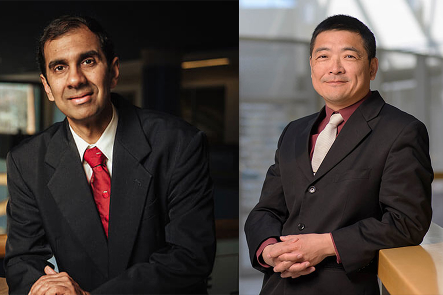 side-by-side photos of two men dressed in suits and ties; one displays a cheerful smile while the other appears serious