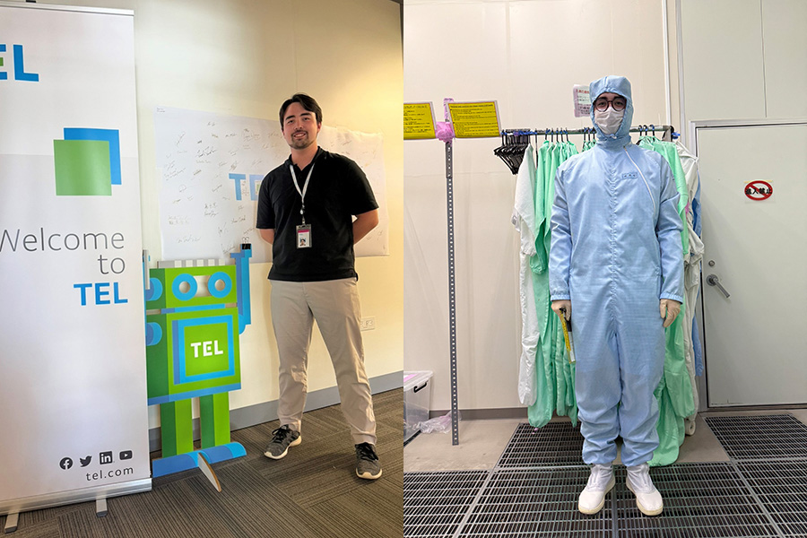 A two-part image: Left, a man in casual attire stands beside a "Welcome to TEL" sign, smiling. Right, a person in a cleanroom suit stands in a sterile environment, surrounded by lab coats. The tone is professional and welcoming.