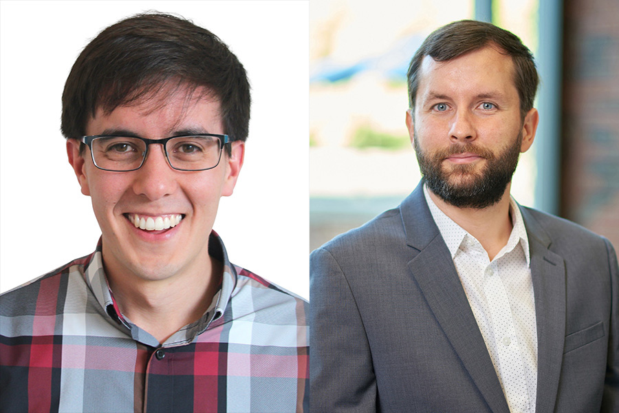 Two men are shown side by side. The man on the left is smiling, wearing glasses and a plaid shirt, with a cheerful demeanor. The man on the right has a serious expression, in a suit jacket and white shirt, standing in an office setting with a blurred background.