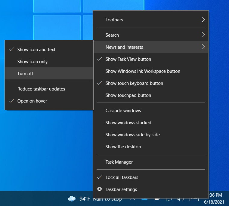 Disable News and interests