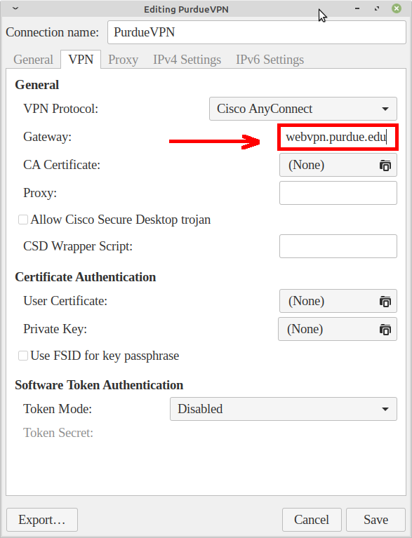 VPN connection configuration menu with red arrow pointing to a red box around the gateway input field