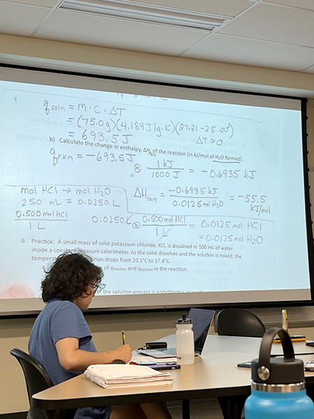Female teaching in chemistry class.
