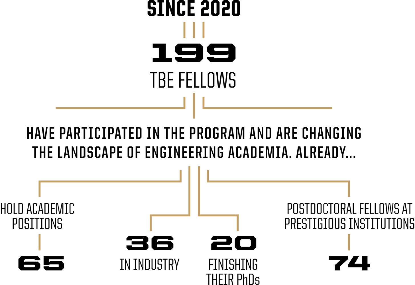 Since 2020: 199 TBE fellows total have participated in the program and are changing the landscape of engineering academia. 65 hold faculty positions, 36 are in industry, 20 are finishing their PhDs, and 74 are postdoctoral fellows at prestigious institutions. Unable to locate information for three fellows.