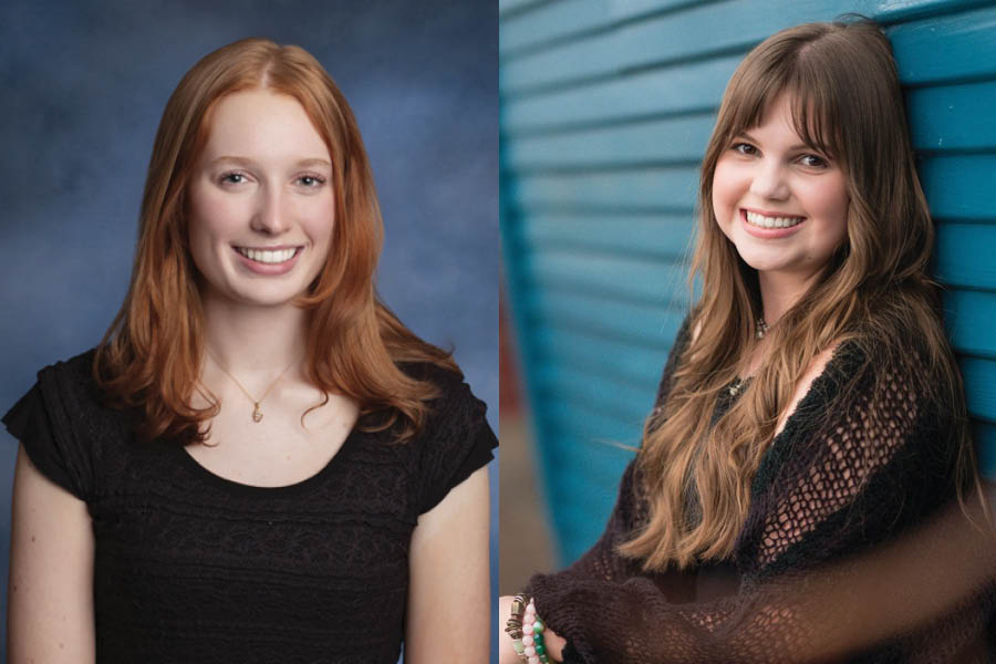 Two student head shots side by side, one has red hair wearing a black shirt; another has brown hair wearing a black sweater